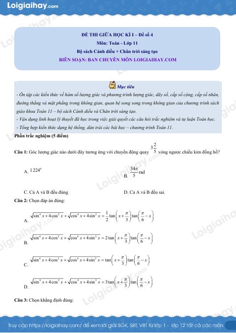 Đề thi giữa kì 1 Toán 11 Cánh diều - Đề số 4